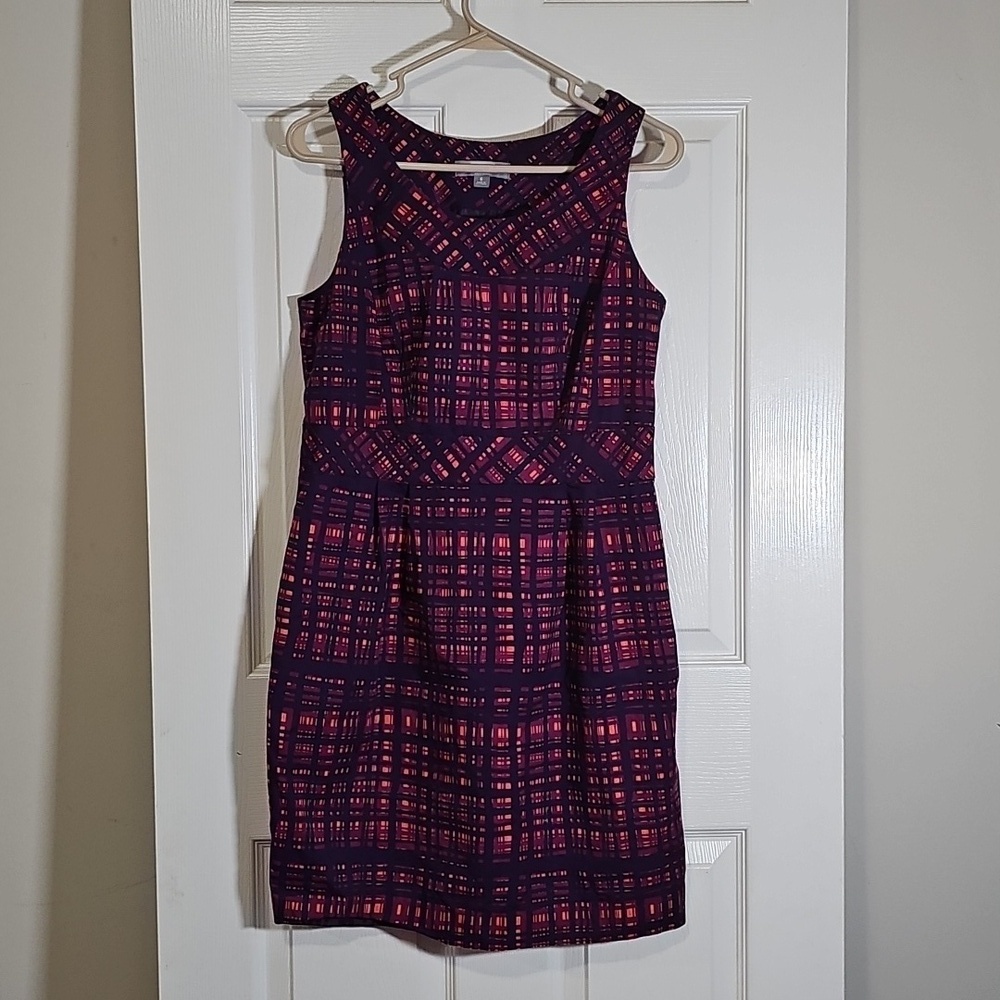 Merona Abstract Lined Sleeveless Plaid Sheath Dress Purple Orange Cotton Size 8